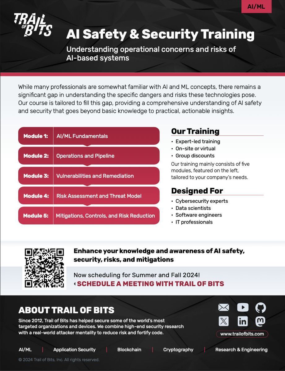 Our AI/ML Safety & Security Training equips you and your team with the skills to identify and mitigate vulnerabilities in AI/ML systems. Now scheduling for Summer and Fall 2024. share.hsforms.com/1UGX8sZwbRhWeq…