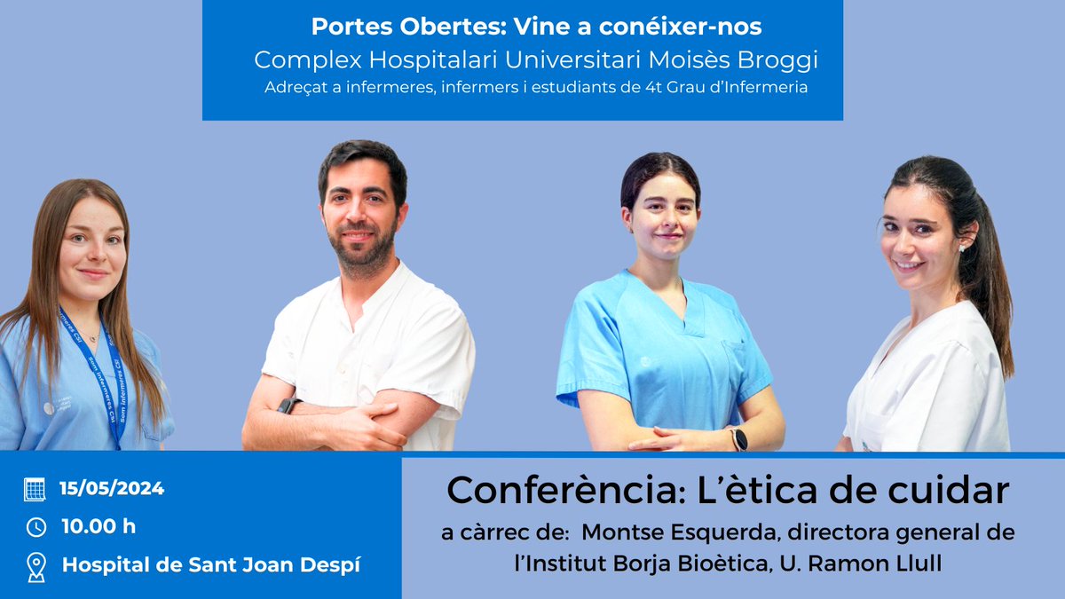 ConsorciCSI's tweet photo. Si ets #infermera #infermer o fas 4t d'#Infermeria, t'interessa!
El #ComplexHospitalariMoisèsBroggi #HospitalUniversitari fa Portes obertes per a tu!
🗓️15/5/2024
👂Conferència: L'ètica de cuidar amb @montse_esquerda 
👉 Inscripcions: https://t.co/LdRdxm4E1l
📍Hospital SJ Despí https://t.co/LR37waMeIr