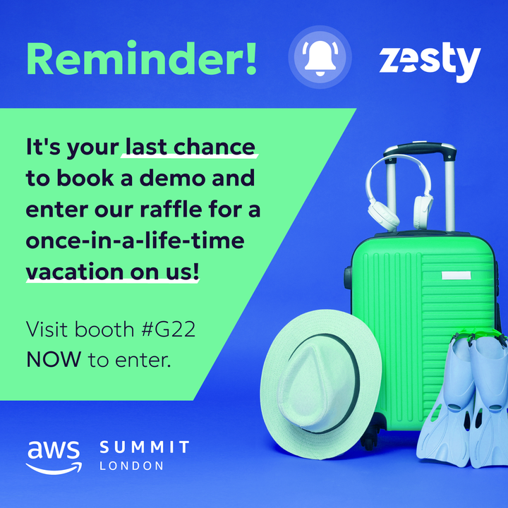 Zesty is thrilled to be at AWS Summit London! Don't miss out on our amazing raffle – visit our booth at #G22 to learn how you can win an incredible summer vacation! 🎁✈️🏖️ See you there! 👋 #AWSSummit #ZestyAtAWS #RaffleTime