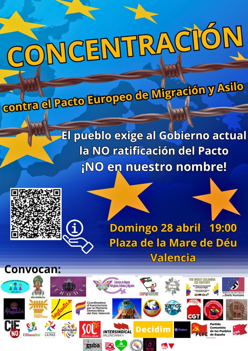 Este domingo 28 de abril (19:00h), concentración en València contra el Pacto Europeo de Migración y Asilo.