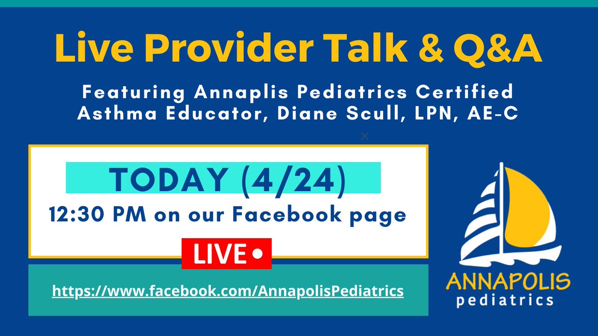 Bring all of your allergy & asthma questions for TODAY’S (4/24) live provider talk, featuring Asthma Educator, Diane Scull, LPN, AE-C. 

Join us on our Facebook page at 12:30 PM.

#liveprovidertalk #allergymanagement #asthmatalk #allergiestalk #annapolispediatrics #allergytips