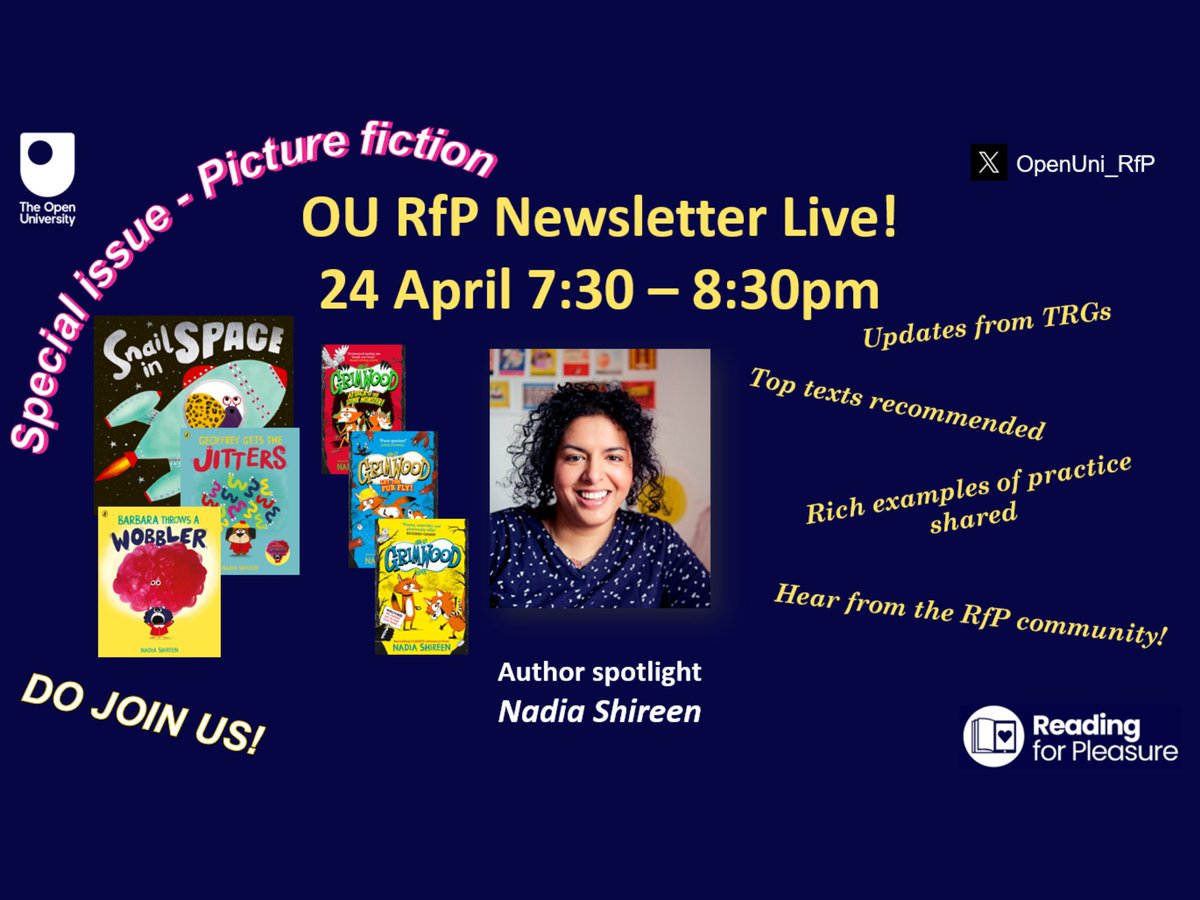 Last chance to sign up for our #OURfP Newsletter Live TONIGHT at 7.30pm with author and illustrator @NadiaShireen ! ✨📚🎨 Do join us - FREE tickets available here: 👉 eventbrite.co.uk/e/reading-for-…