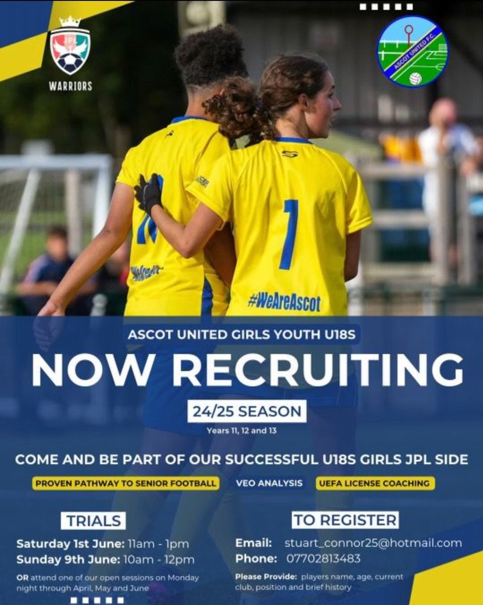 AscotWomenFC's tweet photo. 🚨 Come and be part of our Girls Youth U18s successful @JPL_WARRIORS side.🚨

Now recruiting for 24/25 season details below!! https://t.co/TjIweVb58C