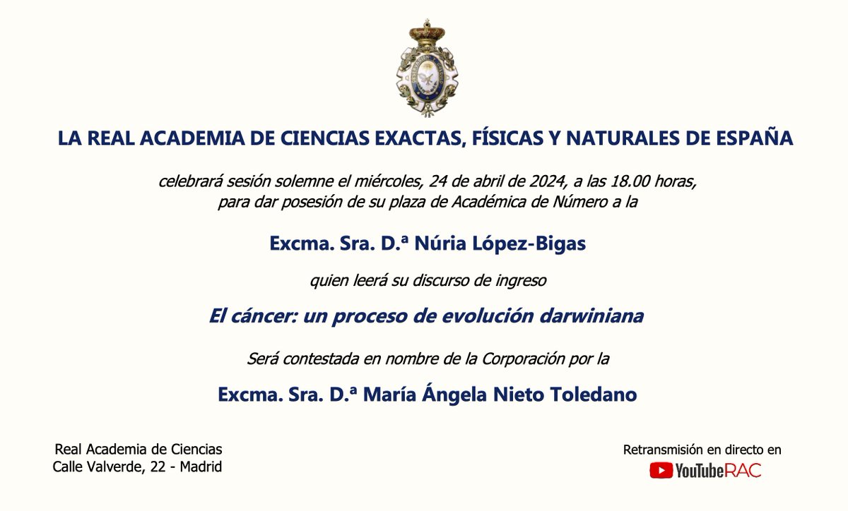 🔴Sigue en directo la ceremonia de nombramiento de la Dra. Núria López-Bigas como académica numeraria de la @RACiencias🎓 🕕A las 18:00 h CET en el canal de Youtube de la @RACiencias: ▶️ youtube.com/watch?v=9ykxLa… @UPFBarcelona @UPFbiomed @icreacommunity @bbglab