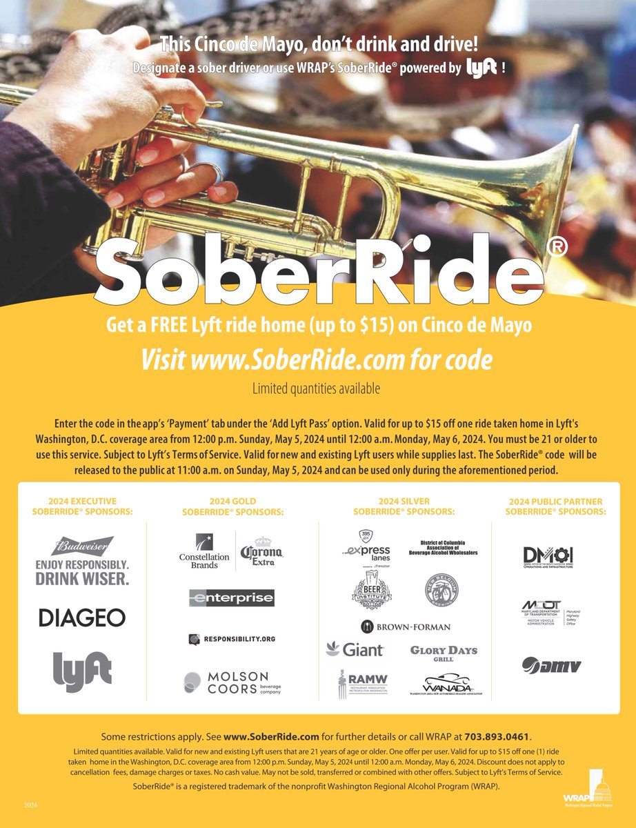 Free Cinco de Mayo @lyft Rides throughout Greater Washington next Sunday (May 5th) to Prevent Drunk Driving 🎊 #SoberRide #VivaSafety wrap.org/free-cinco-de-…