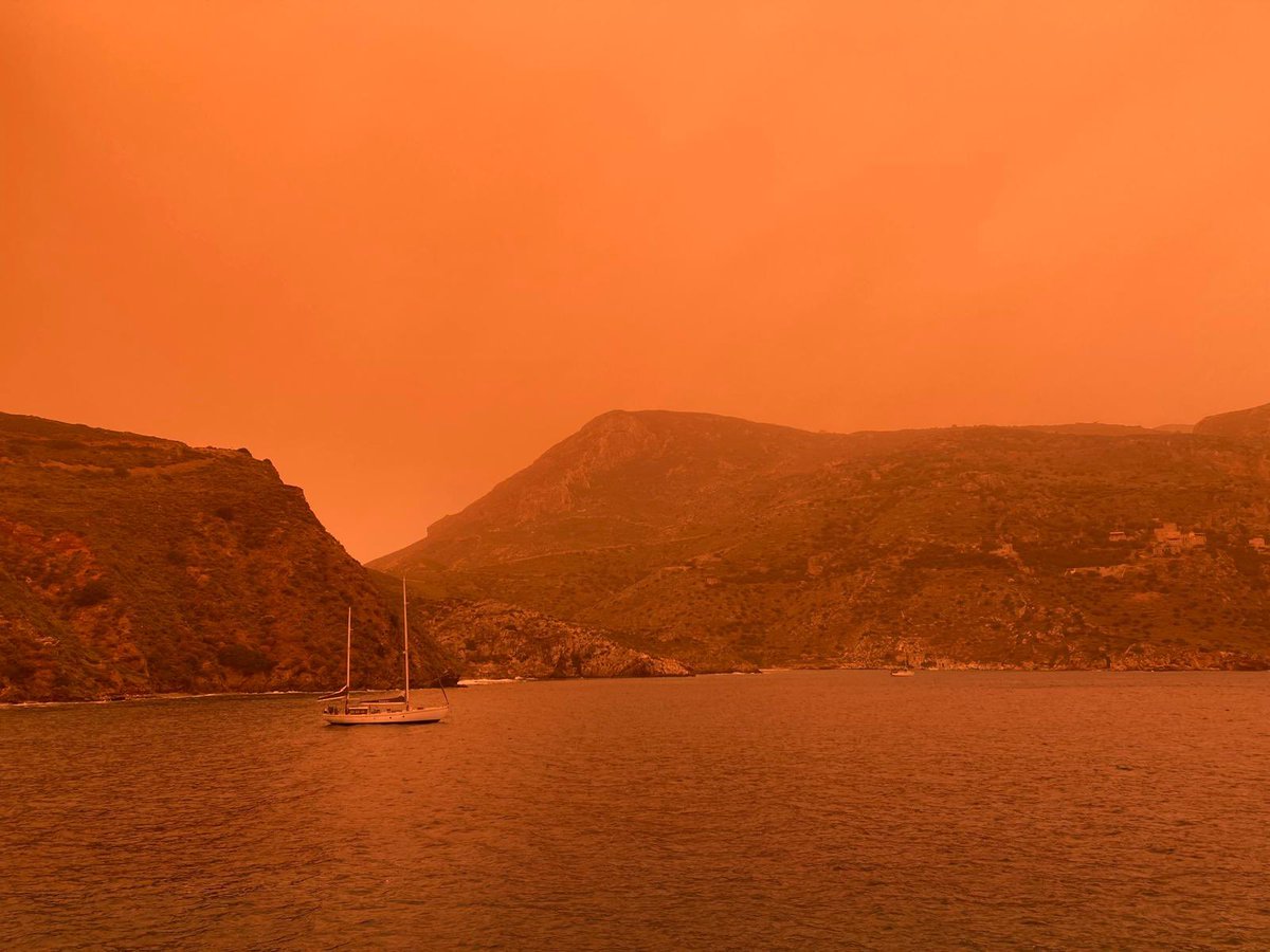 The view across Porto Kagio bay yesterday afternoon, the sky heavy with Saharan dust.
The winds have changed overnight, with  fresh North-westerly clearing away yesterday’s murk.
The highlight so far today: a Common Snipe flushed near the lighthouse, the first record for Tenaro