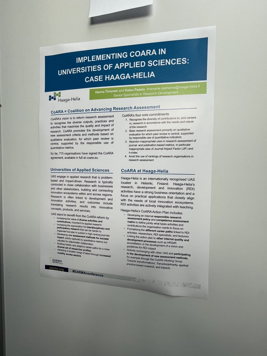 Great to come across this poster at ⁦@EARMAorg⁩ #EARMAconference about the implementation of ⁦@CoARAssessment⁩ in Universities of Applied Sciences in Finland. CoARA has helped them by broadening the definition of research excellence. 🙌