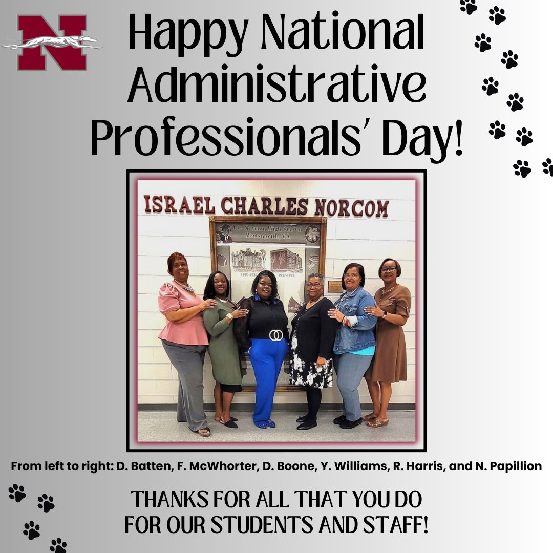 🌟Happy Administrative Professionals’ Day to the incredible team at I.C. Norcom! Your tireless efforts and commitment are truly appreciated. Thank you for everything you do for our students and staff! 🐾🐾🐾#GreyhoundPride #AdministrativeProfessionalsDay #PPSShines