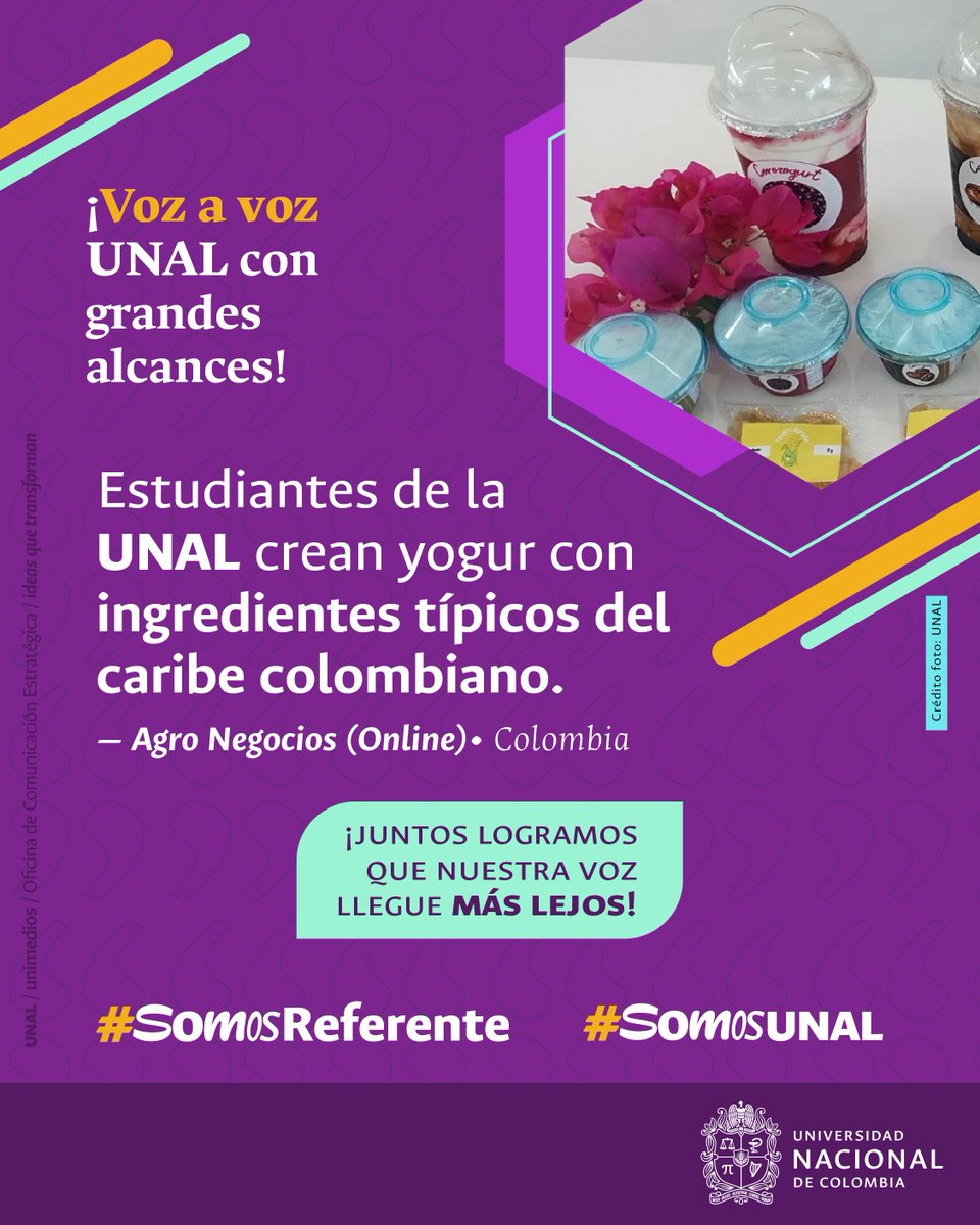 #UNALenMedios 🥛 Estudiantes de la UNAL crean yogur con ingredientes típicos del caribe colombiano 🧑‍🔬 desarrollado por estudiantes de Ingeniería Biológica de la Sede @UNdeLaPaz 👉 t.ly/Vi1Tp @agronegocios_co #SomosComunicación #SomosUNAL