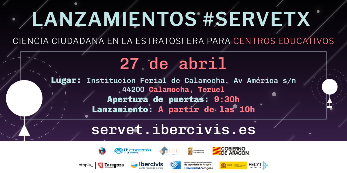 🎈¡Lanzamos #ServetX desde Calamocha! 

16 centros educativos de toda España enviarán sus experimentos a la estratosfera 

🗓️Este sábado, 27 de abril (a partir de las 9:30h)
📍Recinto Ferial de Calamocha

¡Os esperamos! 

#cienciaciudadana

🚀Más info: servet.ibercivis.es/2024/04/24/ser…