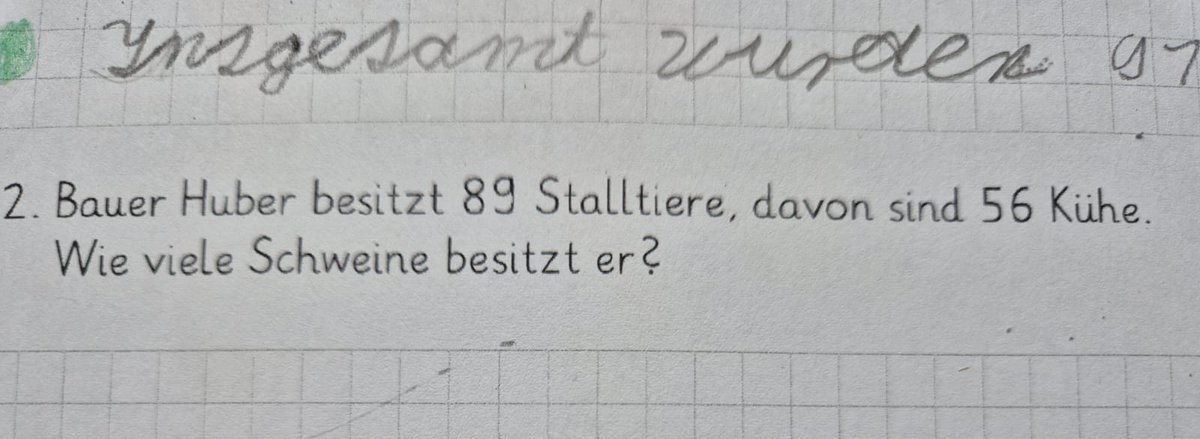 Finde nur ich die Frage in den Mathe-Hausaufgaben meiner Tochter komisch? Aber selbst meine Tochter (7) meint, sie kann das nicht beantworten weil 'ich weiß ja nicht, ob er nicht auch Hühner hat.'

Genau.