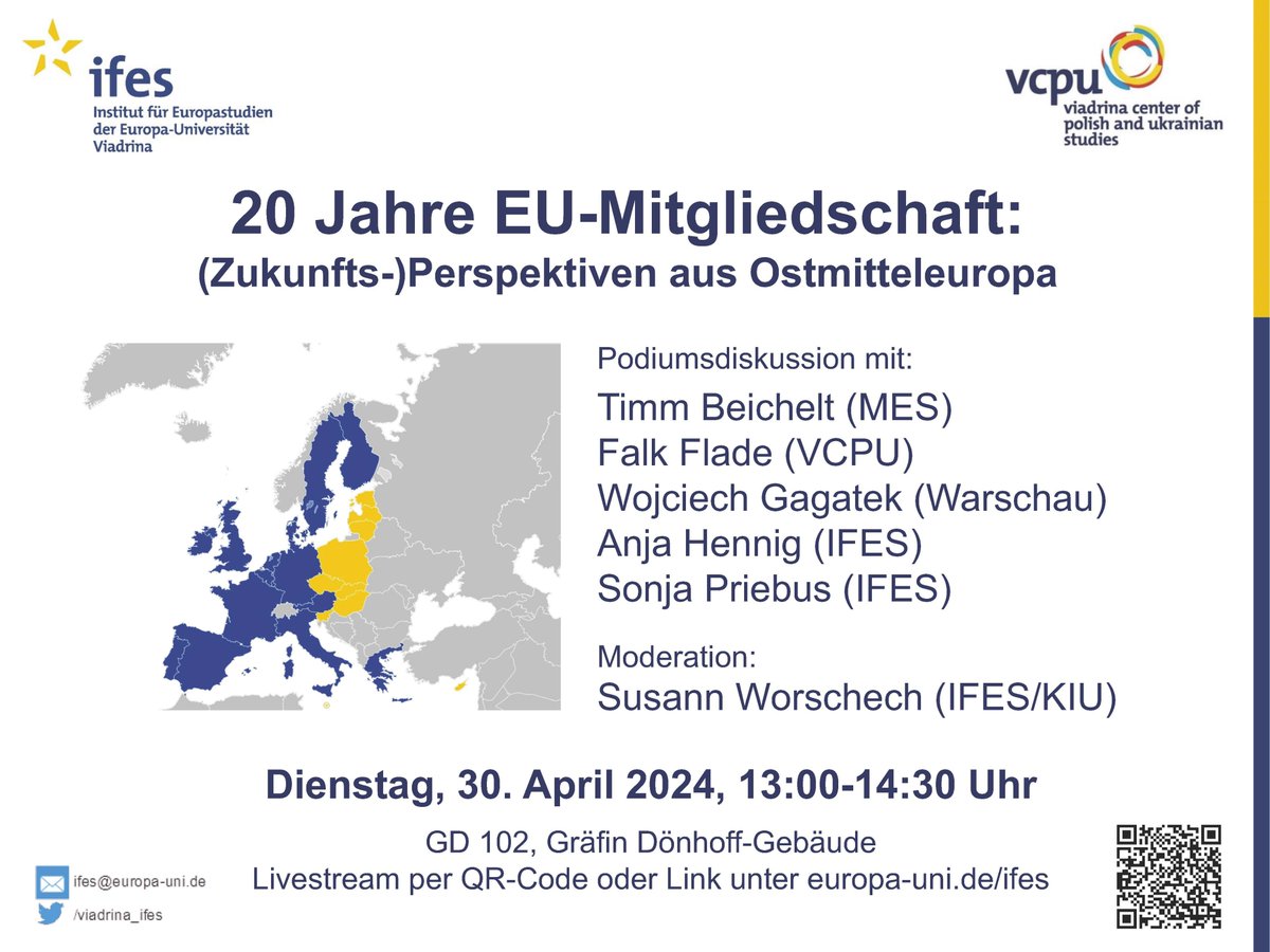 Viadrina_IFES's tweet photo. 20 Jahre #EU-Mitgliedschaft: Welche Lehren für die Zukunft bieten Perspektiven aus #Ostmitteleuropa? Am 30.04. diskutieren Wojciech Gagatek, @TBeichelt, Falk Flade, @AnjaHennig9 und @SonjaPriebus mit @SusannWorschech. #VCPU @pol_int_org @FWPN_SdpZ Stream: https://t.co/pjvbP9NewW https://t.co/NuRNHvYsxb
