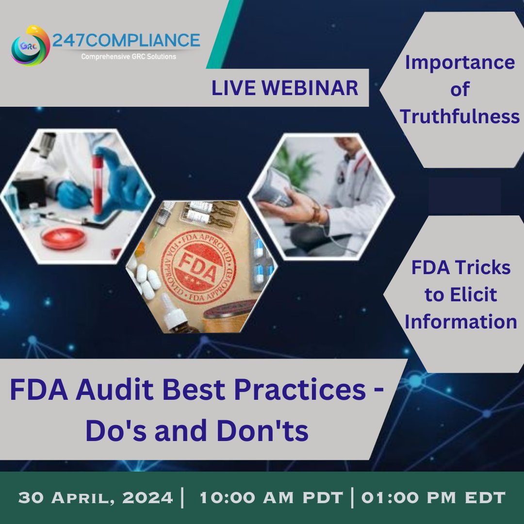 247_compliance's tweet photo. If you are in any regulated business - #pharmaceuticals or #medicaldevices you will experience an inspection by the U.S. Food and Drug Administration #FDA.

More Info - https://t.co/SzpmaGg9nu

#livewebinar #livetraining #training #fdatraining #compliance #fdaaudit https://t.co/8GZ3HEhFlP