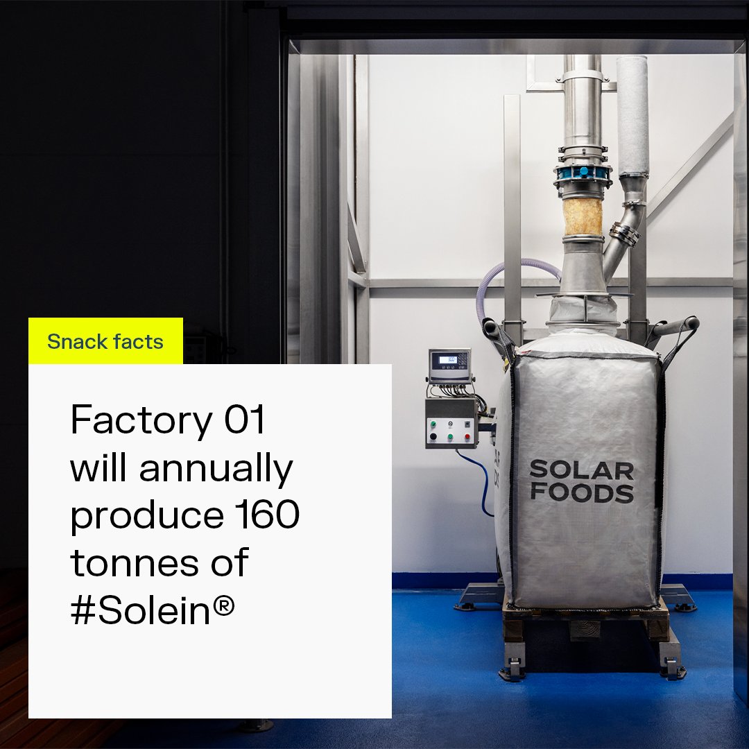 Solar_Foods's tweet photo. Did you know? Our #Factory01 will annually produce 160 tonnes of #Solein®, supplying nutrition for up to 8 million meals. Solein is a protein-rich powerhouse, complete with all the 9 essential amino acids, carbohydrates, fats and minerals, promoting a well-rounded diet. https://t.co/BR3pMUgL6U