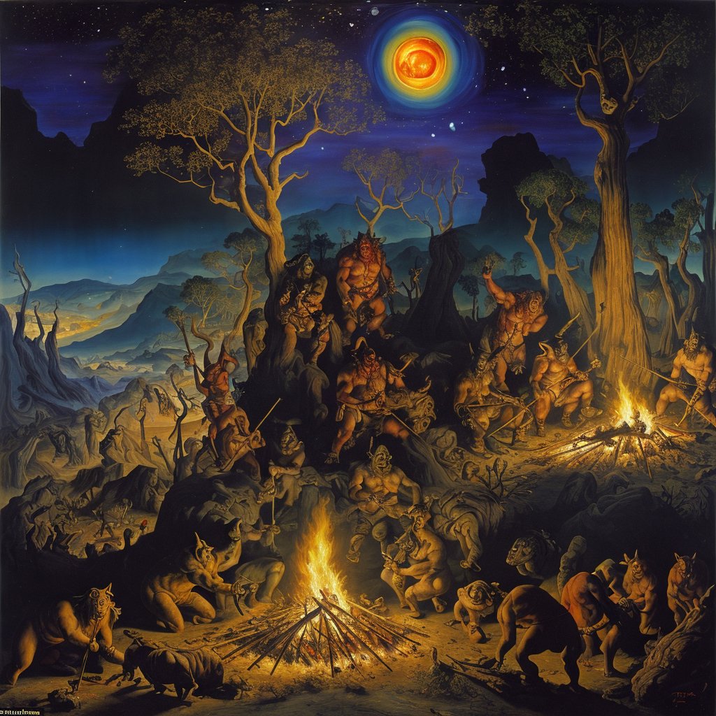 ai_pato's tweet photo. Illusion Diffusion: “Surrealistic colourful painting of orcs in Jupiter at night, in a forest next to a bonfire.”
.
.
.
.
.
.
#illusiondiffusion #design #poster #conceptart #aiart #midjourney #dalle #GenAI #StableDiffusion #art https://t.co/Z2jqgsFKic