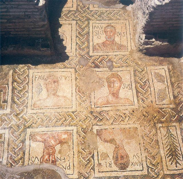 Mosaics from the Baths of Musiciolus in Ostia: seafood and athlete profiles.