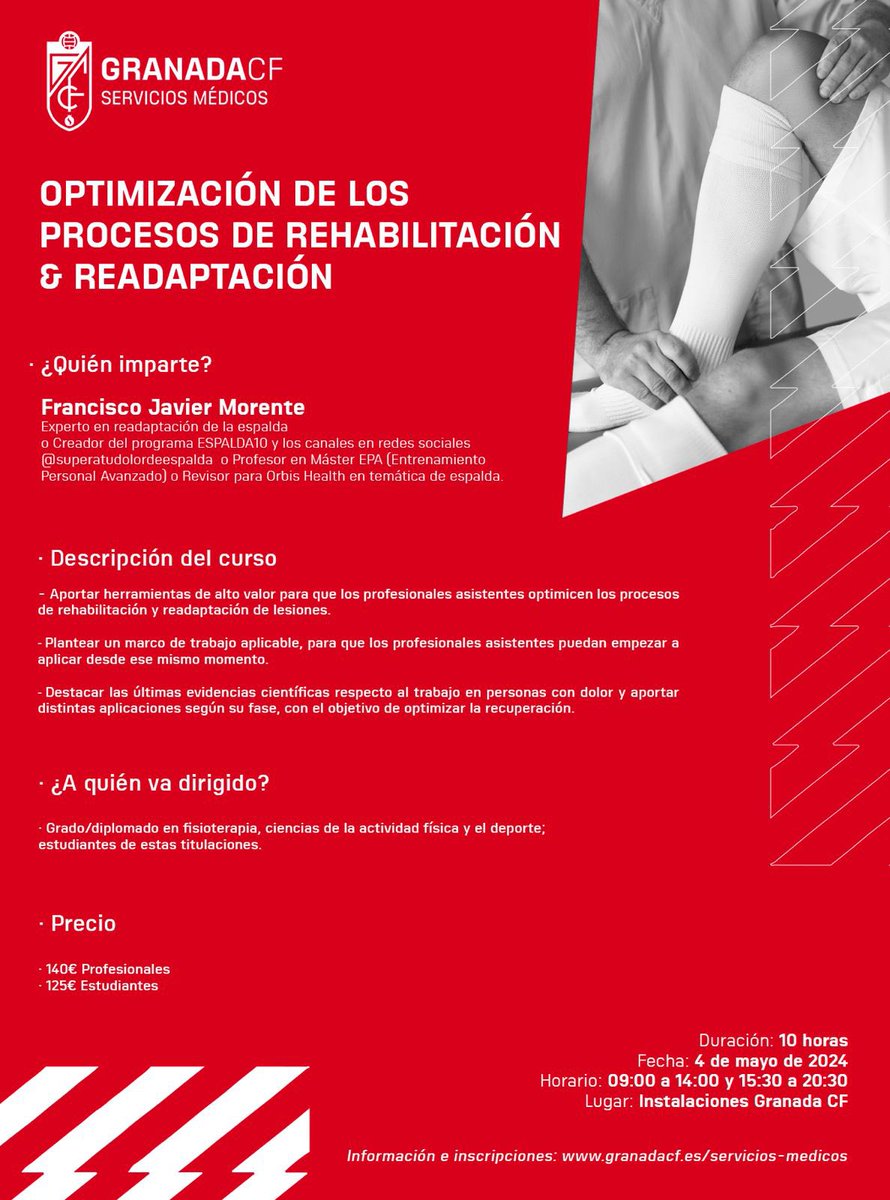 GranadaCF_Salud's tweet photo. 🥼 𝗙𝗢𝗥𝗠𝗔𝗖𝗜𝗢́𝗡

ℹ️ Optimización de los procesos de rehabilitación y readaptación

👨🏻‍🏫 Impartido por Francisco Javier Morente

🗓 4 de mayo 
💰 140€ profesionales / 125€ estudiantes

🔗 Toda la información en: https://t.co/v2Os0Y6Fn1

#𝙎𝙖𝙡𝙪𝙙𝙂𝙧𝙖𝙣𝙖𝙙𝙖𝘾𝙁 🇦🇹 https://t.co/PVaG1d8mUG