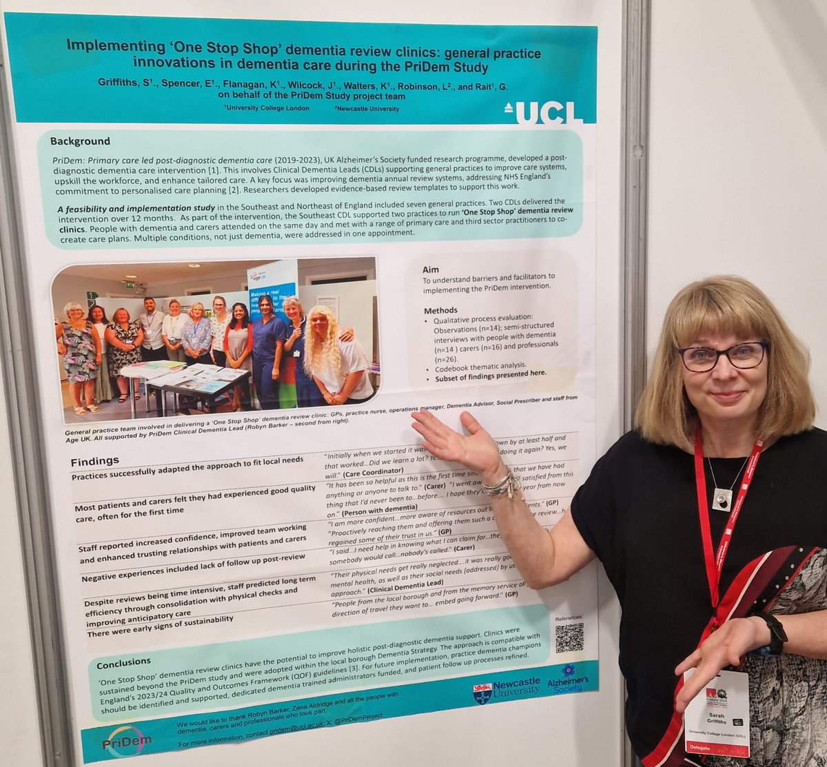 Great to catch up with @sgriffiths_6 at #ADI2024 presenting poster on One Stop Shop #dementia review clinics- an innovation from @PriDemProject 💙 Go check it out for yourself. P24-003.