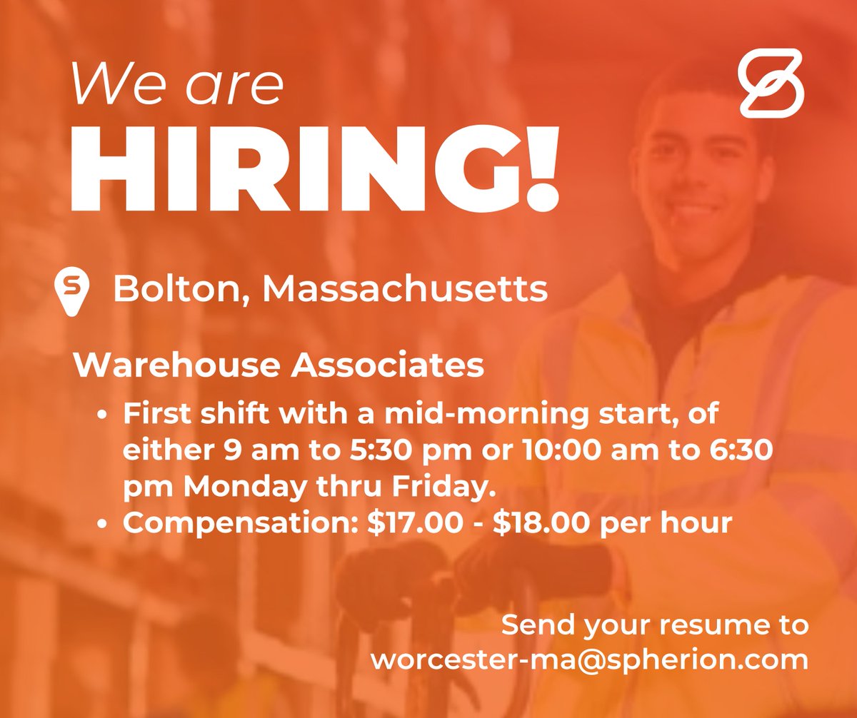 Join our team in Bolton, MA! We're hiring for a warehouse position at our tech company. Enjoy first-shift hours and competitive pay. No forklift experience is needed! Apply now! #WarehouseJobs #NowHiring #BoltonTech #BoltonMA #Massachusetts #worcesterma