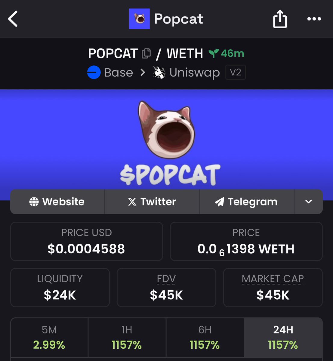 PopCat_Base's tweet photo. Dexscreener updated ✅ https://t.co/8D5Uyeh7Fx