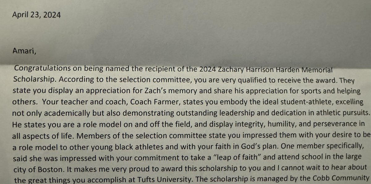 It is a blessing to be recognized for years of hard work on and off the field. Thank you to Mrs. Poole and the selection committee for considering me for the honor that is the Zachary Harrison Harden Memorial Scholarship. @hoyaprincipal @HoyaCounselors @CobbSchools