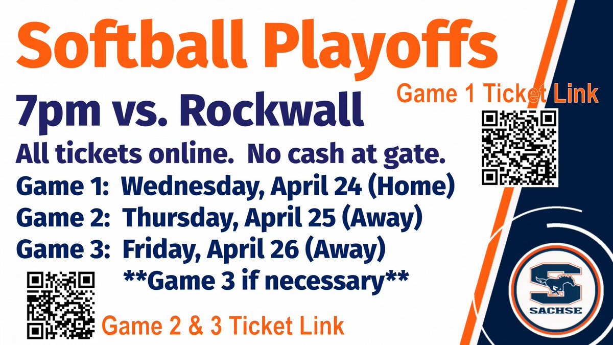 Softball Playoff vs. Rockwall runs from April 24-26. Games at 7pm. All tickets online. No cash at the gate. Game 1 Ticket Link tix.com/ticket-sales/g… Game 2 & 3 Ticket Link rockwallisd.com/domain/3022