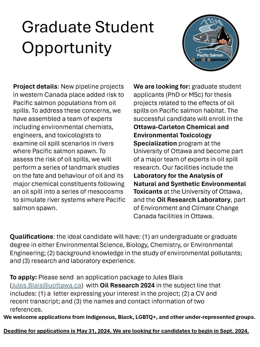 New graduate opportunity to study the effects of oil spills on Pacific salmon habitat @uOttawaScience. Details attached. Please consider circulating @Bio_uOttawa @uoEnvironment @scas_scsa @LaurentianSETAC @studentsofSETAC @DFO_Pacific @HakaiInstitute @DFO_MAR