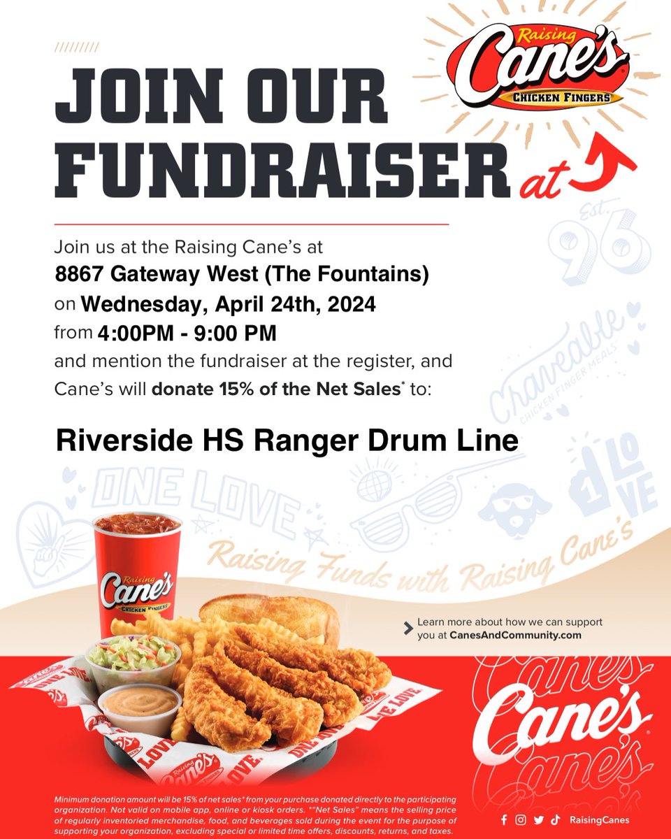 Come out to support our Ranger Drum Line today at Raising Cane’s in the Fountains! 🥁 🍗 @YsletaISD @YISDFineArts @Riverside_4ever @Ranger_StuCo