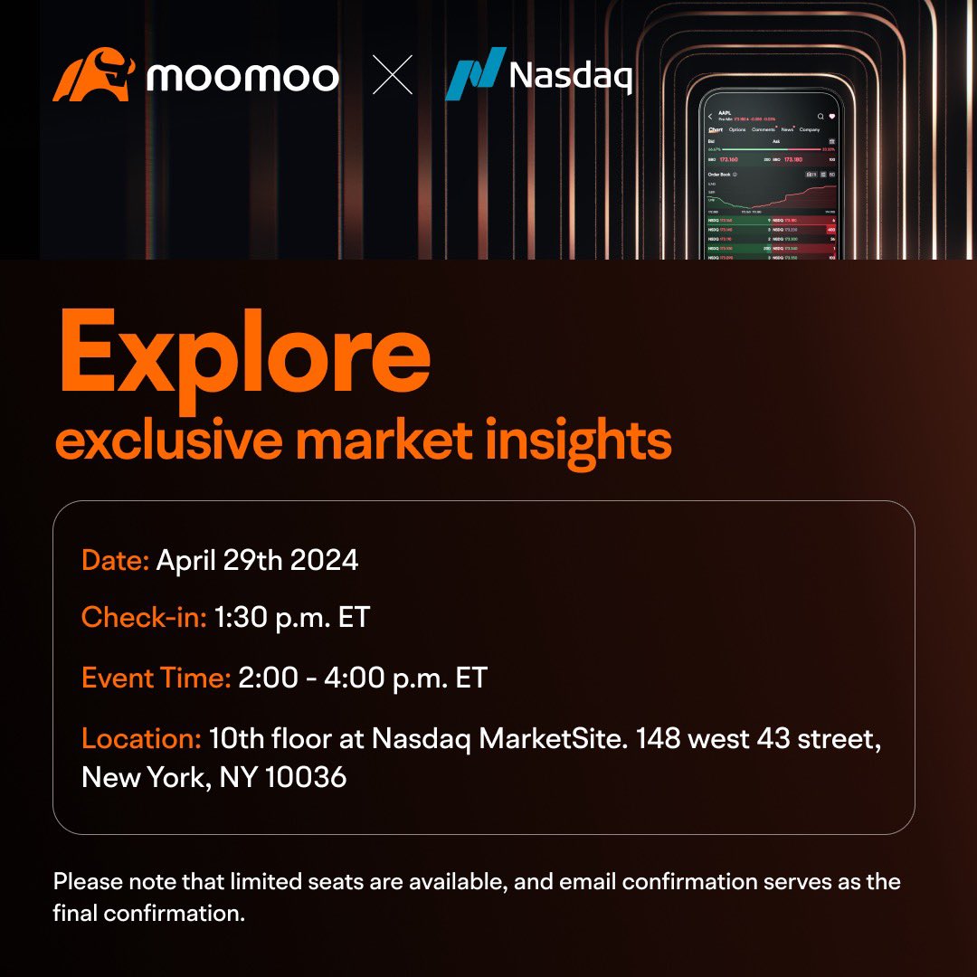 Join us at Nasdaq HQ on April 29th for an exclusive Moomoo x Nasdaq event. Connect with leading financial experts and sharpen your investment strategies! #moomoo #MoomooxNasdaq #investing #finance #investmentstrategy #financeEvent Save your spot now! j.moomoo.com/00Ulwd