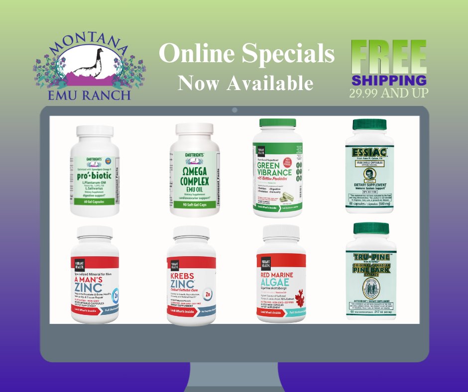 'ONLINE SPECIALS' feature #dietary #supplements/ products we recommend; we use them ourselves! Each product contains the highest quality of ingredients available at a great price!
montanaemuranch.com/online-special…

#montanaemuranch #emutrients #emuplus #EMUGency #emuoil #DietarySupplements