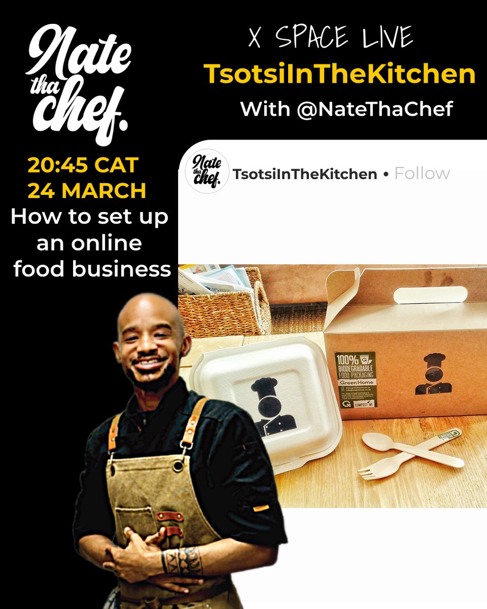 natethachef's tweet photo. 🎙️Tune in to our Live Space 20:45 CAT Tonight #TsotsiInThekicthen episode! Learn the secrets of launching a successful ONLINE FOOD BUSINESS/RESTAURANT. From recipes to marketing tips,operations,costs and cuisines we've got you covered. #RestaurantConsulting #natethachef https://t.co/MzEbKcBwOb