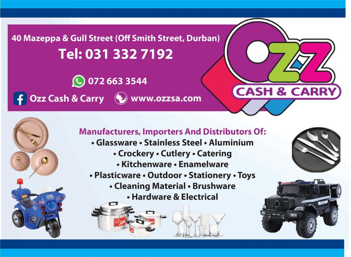 #Sponsored Hot stuff at cool prices ozzsa.com Stockists Of: Glassware • Stainless Steel • Aluminum • Crockery • Catering • Kitchenware • Plasticware • Outdoor • Stationery • Cleaning Material • Hardware & Electrical. #OzzCash&Carry #Durban