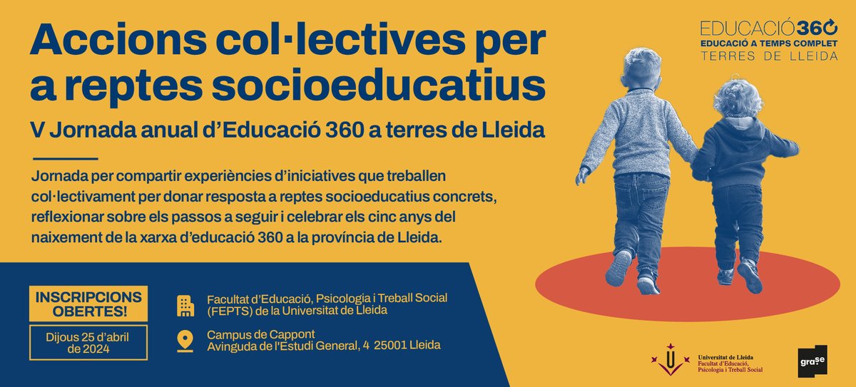 ‼️ Queda 1 dia! No et perdis la V Jornada anual d’Educació 360 a Terres de Lleida, on compartirem experiències per donar resposta a reptes socioeducatius. 📆 25 d’abril 📍 Universitat de Lleida Inscripcions a educacio360.cat/accions-collec… @UdL_info