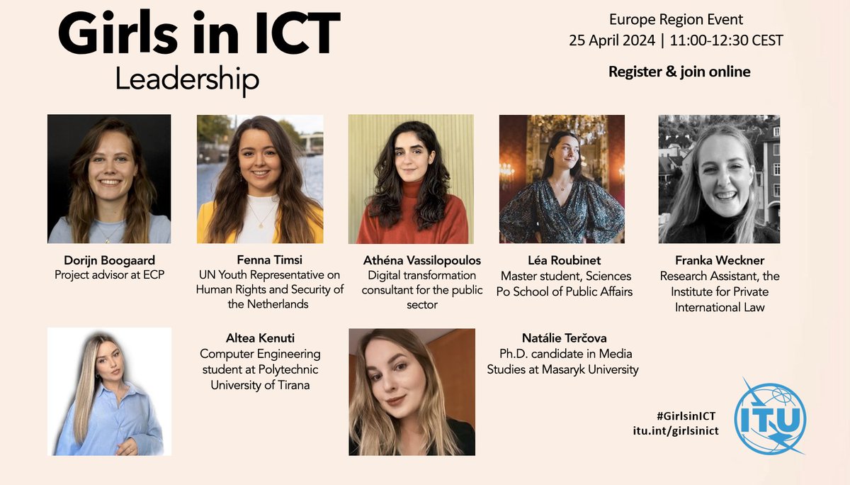 <a href="/ITUEurope/">#ITU Office for #Europe = #Connect2030 #ICT4SDG</a> is thrilled to feature young women leaders to celebrate #GirlsinICT Day tomorrow. Their journeys embody perseverance &amp; ambition, offering valuable insights into navigating #tech landscape.

Register today &amp; join us for inspiring discussions🚀: bit.ly/43T4u13