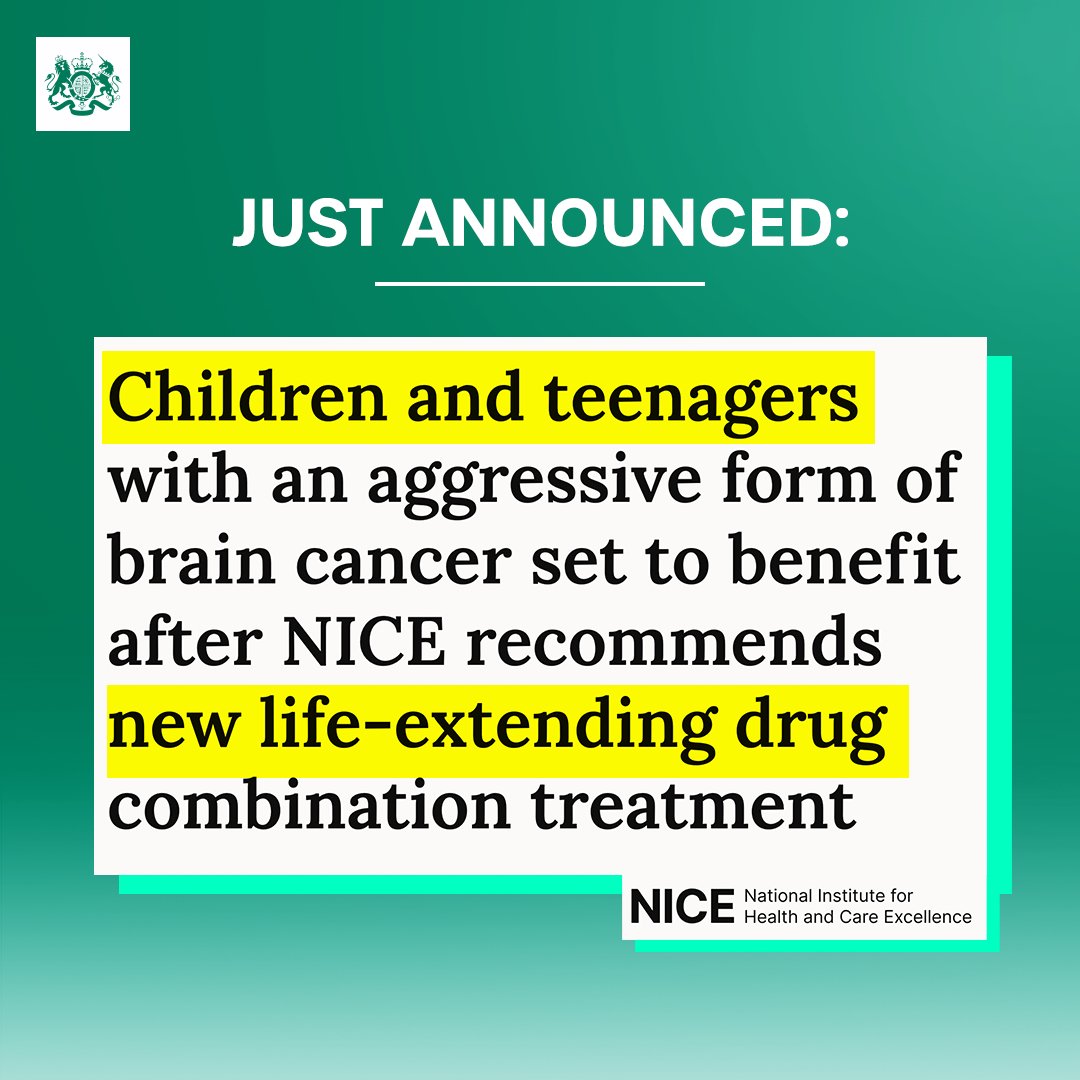 NEW: <a href="/NICEComms/">NICE</a> has recommended a new life-extending drug combination treatment for children and teenagers with an aggressive form of #BrainCancer.

🏡 Can be taken at home instead of hospital
✅ Improves the length and quality of life for patients

More: nice.org.uk/News/Article/c…