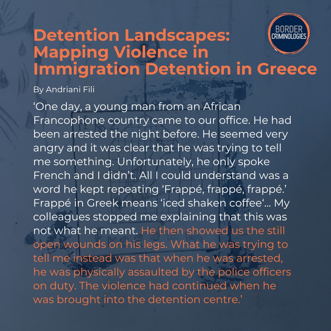 [New Blog 🖊️] Addressing the silence on everyday #violence in Greek #mmigrationdetention, Dr. @andriani_fili shares her journey creating Detention Landscape, an interactive & open access platform, to systematically document #humanrights violations.

Blog: blogs.law.ox.ac.uk/border-crimino…