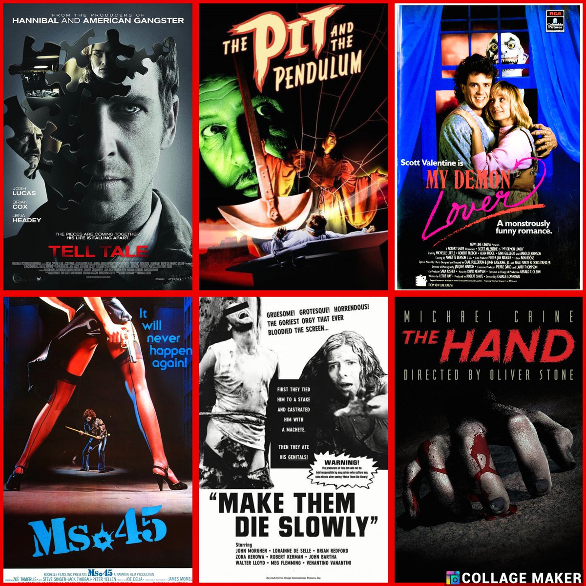 🩸Films Released on April 24th🩸

*The Hand 1981
*Night School 1981
*Cannibal Ferox aka Make Them Die Slowly 1981
*Ms .45 1981
*My Demon Lover 1987
*The Pit and the Pendulum 2009