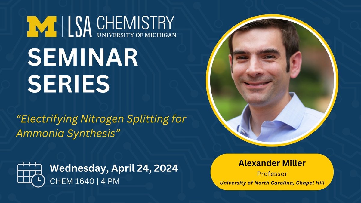 Today's #MichiganChem Seminar Speaker is Alexander Miller from University of North Carolina at Chapel Hill. ⏰ When: Today, 4pm 📍 Where: CHEM 1640