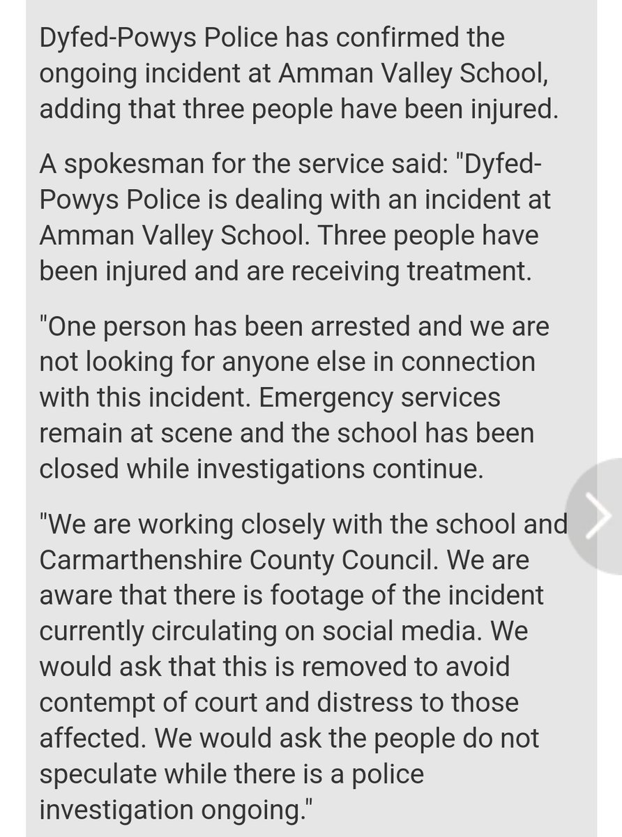 Police statement on the stabbing incident at Ysgol Dyffryn Aman school, Ammanford, Wales.