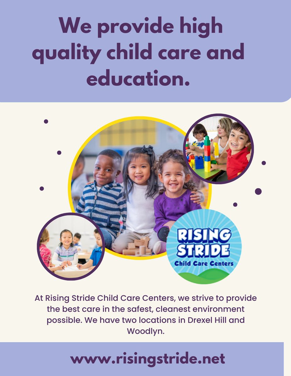 At Rising Stride Child Care Centers, we always encourage kids to grow, have fun, and thrive through education. risingstride.net
#qualitychildcare #preschool 
#toddler #ChildCareCenter #earlylearning #delco #risingstride