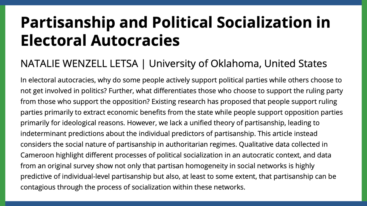 @NatalieLetsa argues understanding partisanship as a social identity rather than a rationalist response to material incentives explains who supports autocratic regimes and why.
#APSRFirstView
ow.ly/LVzS50RfkVx