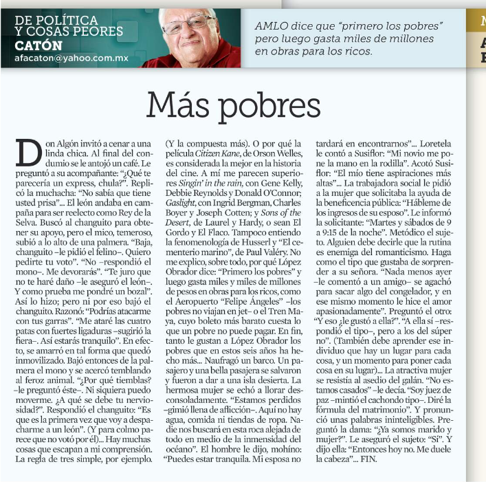 López Obrador dice: 'Primero los pobres' y luego gasta miles de millones de pesos en obras como el AIFA  o el Tren Maya, cuyo boleto más barato cuesta lo que un pobre no puede pagar. Tanto le gustan a López Obrador los pobres que en seis años ha hecho más.