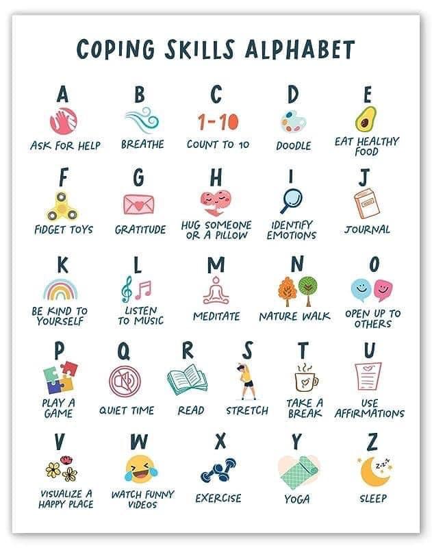 TomorrowsWomen's tweet image. There are a variety of coping skills that can help you through a difficult or stressful time - some of which won't work for everyone but it's good to have a coping skills "alphabet" to call on when you're struggling 💗

#copingskills #womensupportingwomen #tomorrowswomen