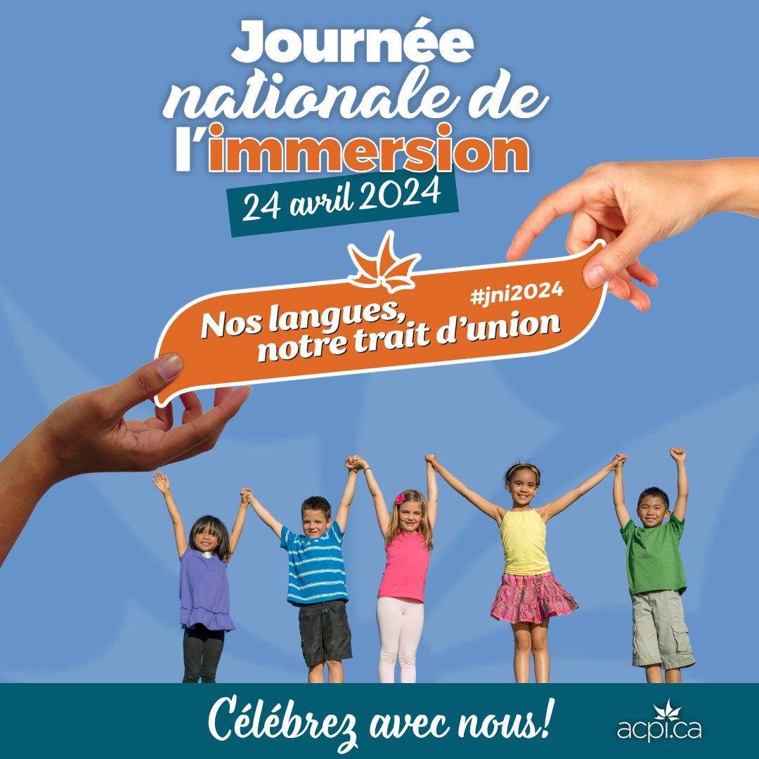 🎉Joyeuse Journée nationale de l'immersion!🎉

Aujourd'hui, c'est LA journée pour célébrer avec ferveur celles et ceux qui insufflent vie à notre patrimoine linguistique bilingue, qui œuvrent quotidiennement pour faire rayonner l’immersion. #jni2024 

acpi.ca/evenements/jou…