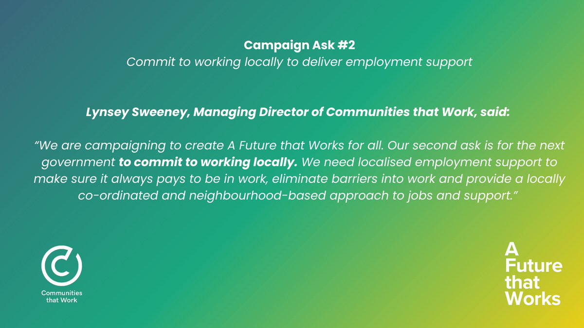 Against a backdrop of poor labour market stats from last week, the time is right to focus on the 2nd main policy pillar outlined in the manifesto for A Future that Works, ‘Commit to working locally to deliver employment support’. ons.gov.uk/employmentandl… #FuturethatWorks