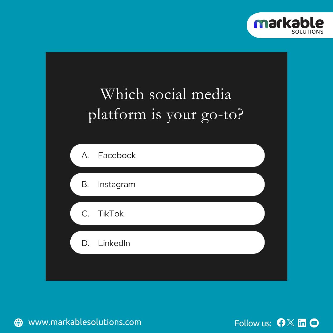 Which social media platform is your go-to?

#socialmedia #facebook #instagram #tiktok #linkedin #markablesolutions