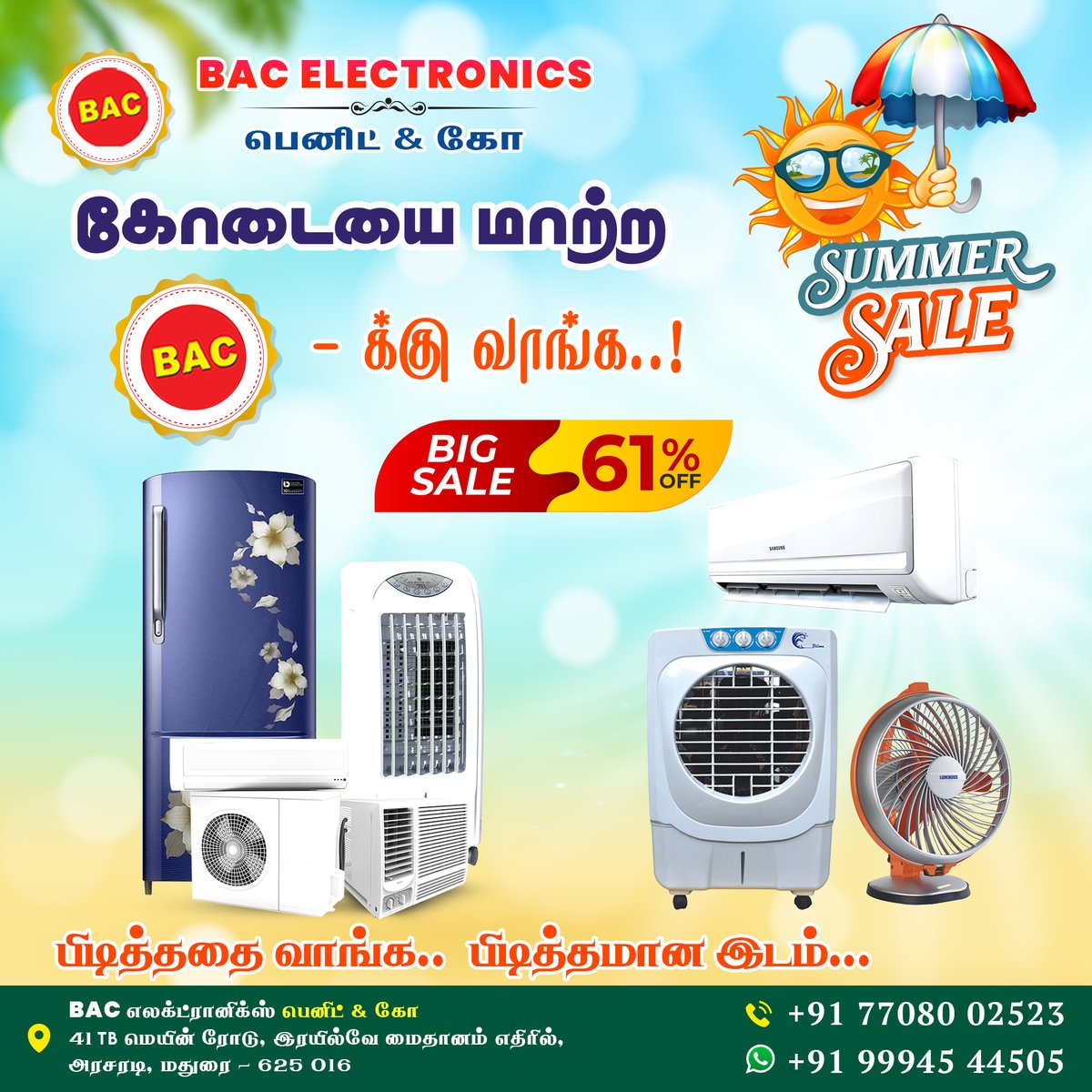 Summer Sale - BAC Electronics Benit & Co - Madurai #BenitandCo #Homeappliances #electronics #washingmachine #fridge #specialoffers #affordableprice #Bestoffers #homeappliances #Bestquality #emiavailable #megasale #marriagegift #seervarisai #qualityappliances #madurai #theni