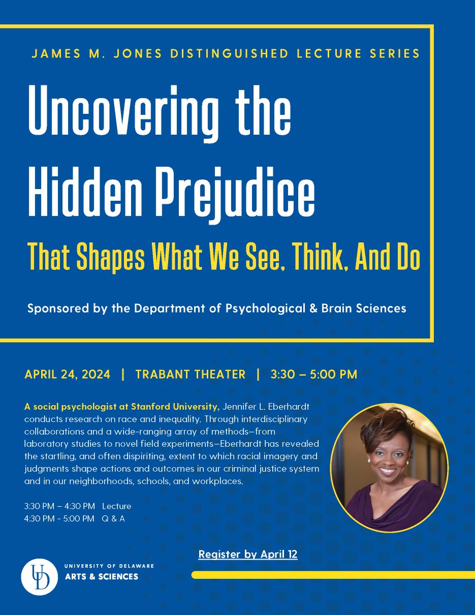 Beyond excited to welcome Dr. Jennifer Eberhardt for UD’s 3rd Annual Dr. James M. Jones Distinguished Lecture Series today! All welcome for this free event.

@SPSPnews
@PsychScience
@SESPcon
@UDPOSCIR
@UDelaware
@APA
@BlackinPsych