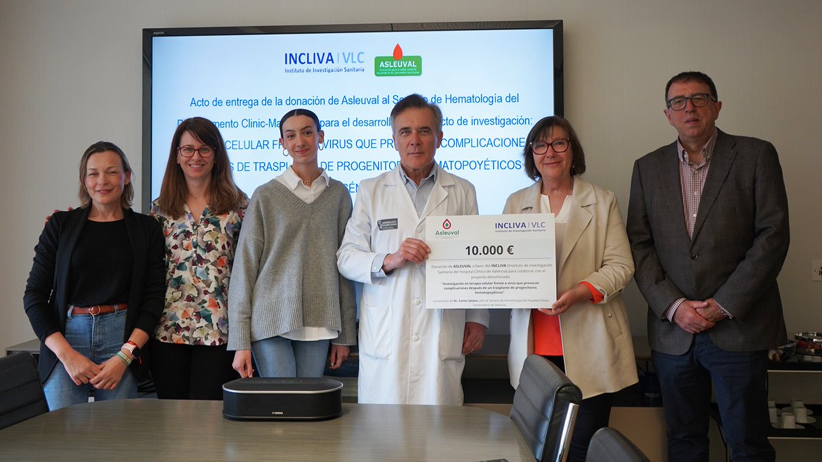 🎗 @Asleuval destina 10.000 euros para apoyar el proyecto de investigación de INCLIVA de terapia celular para pacientes tratados con trasplante de progenitores hematopoyéticos, coordinador por el Dr. Carlos Solano. Muchas gracias💙.

🔗 incliva.es/asleuval-desti…
