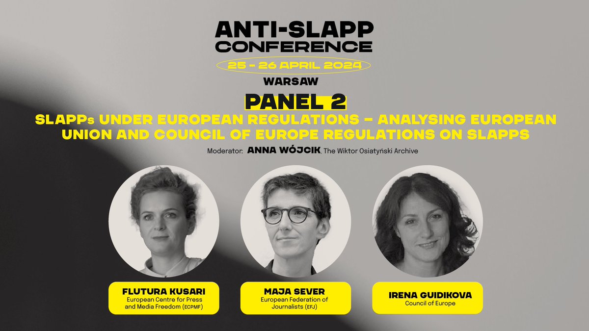 @davidakaye @ZuzannaRB @MS_GOV_PL @ViolavonCramon @ParliamentEU @diversitypower @coe @mcaruanagalizia @daphnefdtn @StevanOCCRP @OCCRP @KRIKrs @NUNS_1994 @tasz_hu ⚡️Panel 2: #SLAPPs under European regulations @EU_Commission & @coe ♦️@fluturakusari of @ECPMF ♦️@SeverMaja of @EFJEUROPE ♦️Irena Guidikova @diversitypower of @coe ♦️@annawojcik of @RULEOFLAWpl @archiwumO 🗓️25.04 ⏰11:45 CET Livestream: youtube.com/playlist?list=…